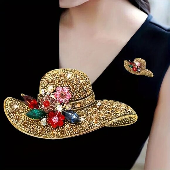 Vintage Style Hat Alloy Brooch Pin Inlaid Shiny Rhinestone Elegant Temperament - Picture 1 of 2